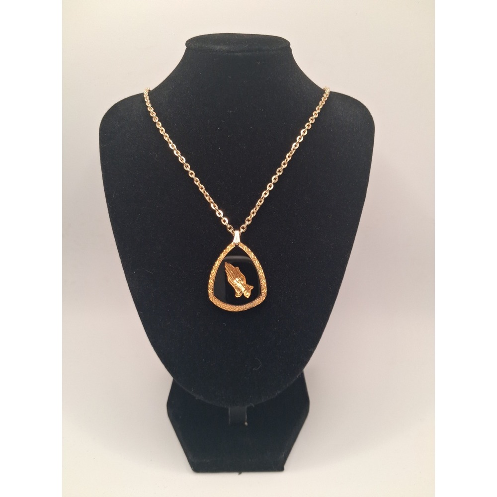 Praying Hands Necklace Gold Black Excellent Teardrop Pendant Vintage Germany